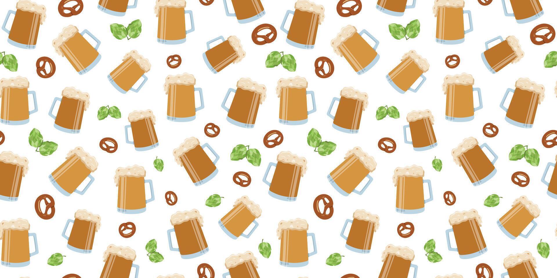 Beer mug, drink, hop cones, snacks. Seamless pattern. Beer day, festival, holiday. Bretzel, pretzel, pastry, background repeating. vector