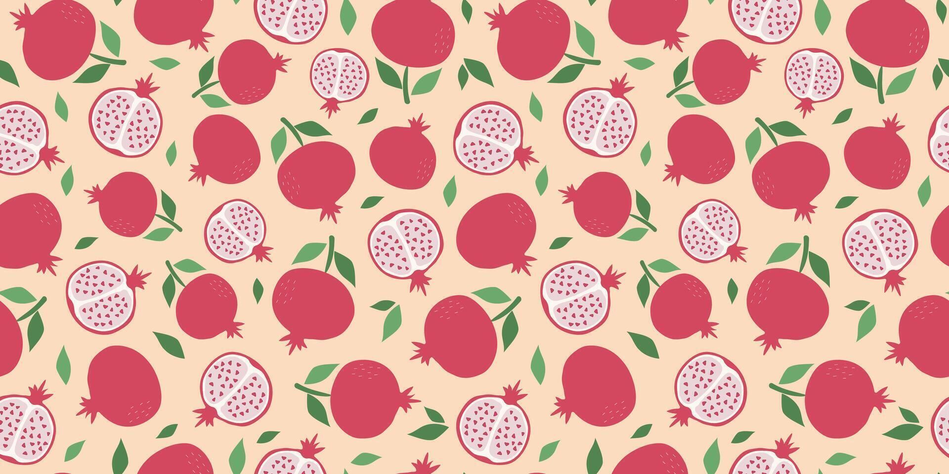 Pomegranate, fruits. Simple abstract seamless pattern. Slices and whole fruits. Vitamin natural vegetarian food. Color flat illustration. Repeating background, wallpaper decor vector