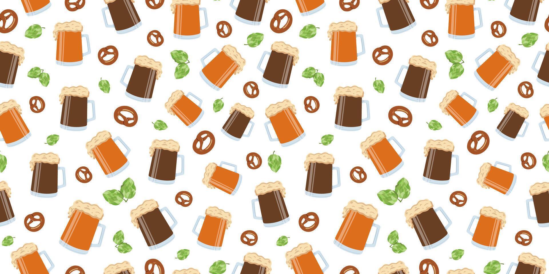 Mug of beer, drinks, hop cones, snacks. Seamless pattern. Beer day, festival, holiday. Bretzel, pretzel, pastry, background repeating. vector