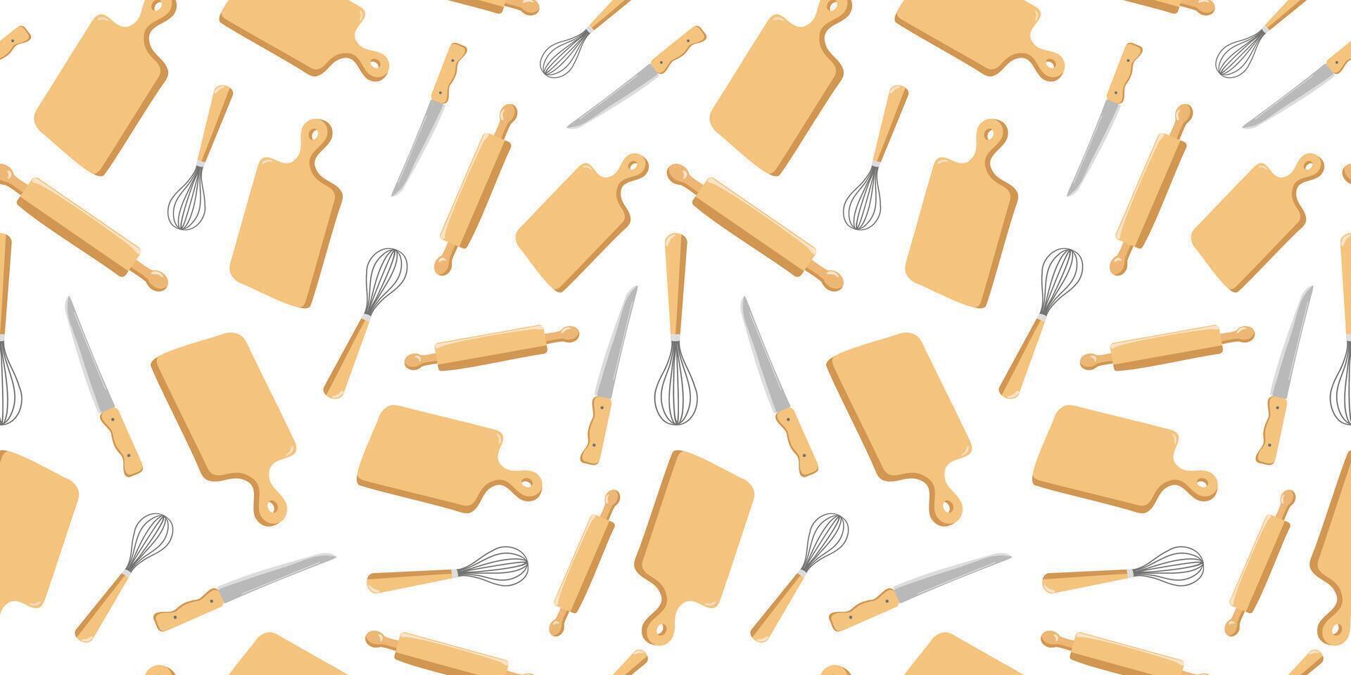 Set of cutlery and tools. Wooden board and knife for cutting products in the kitchen. Pattern seamless, repeating background. Rolling pin and whisk for dough. Cooking. vector