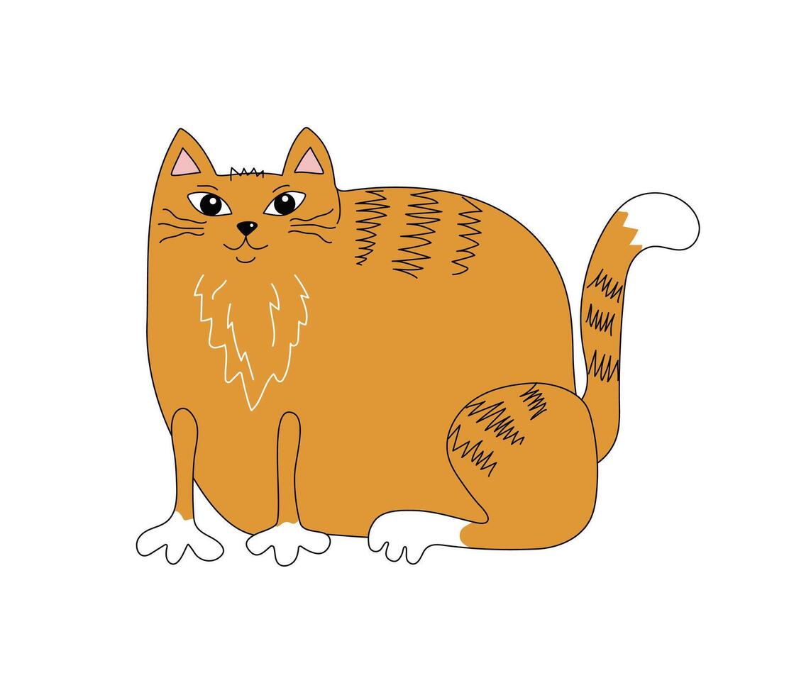 Cartoon funny fat cat. Domestic animal, ginger kitten, doodle drawing, isolated background. vector