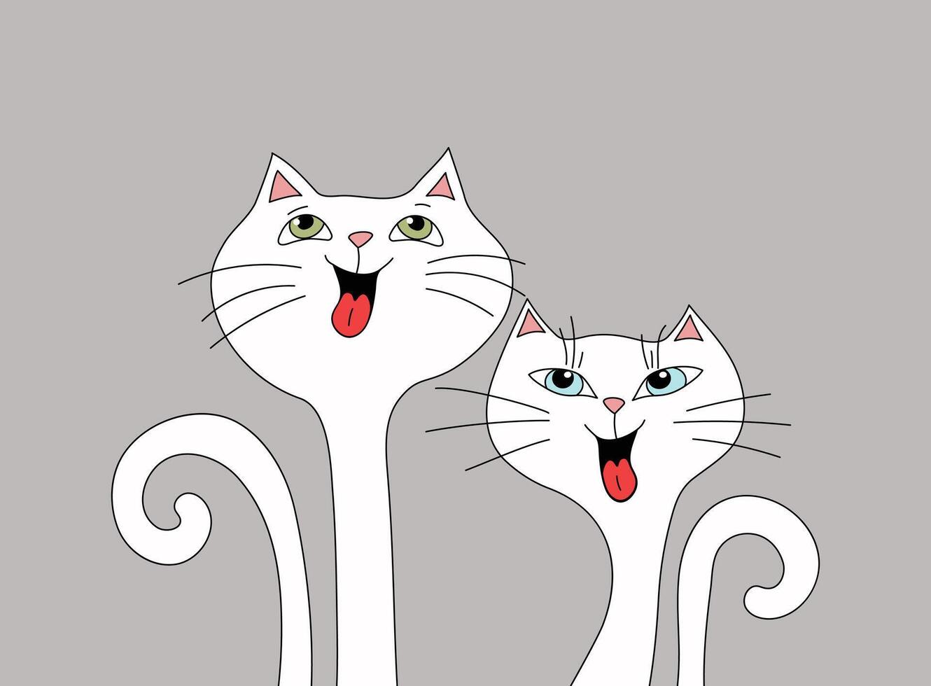 Cartoon funny kittens. Domestic animals, cats. Funny laughing couple cats. Postcard design, flyer design. Place for text, isolated background. vector