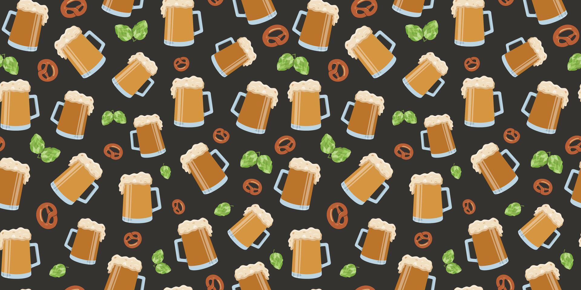 Seamless pattern. Beer mug, snacks, drink, hop cones. Beer day, festival, holiday. Bretzel, pretzel, pastry, background repeating. vector