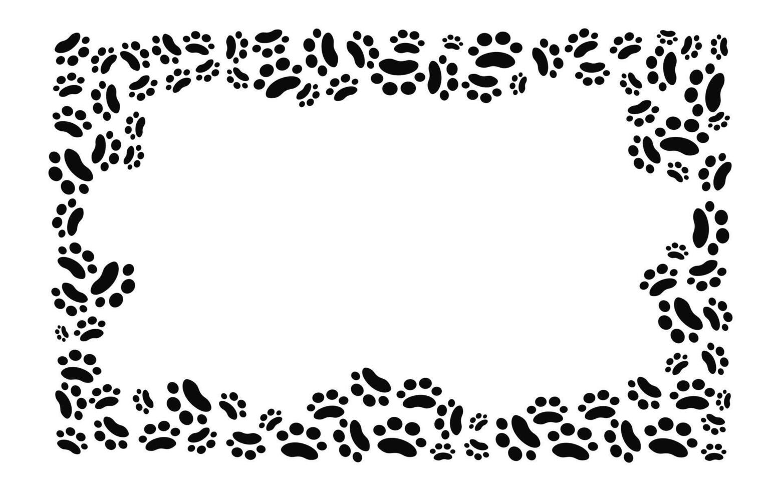 Frame of cartoon footprints, animal paw prints, background for print design. Card with space for text. Pet supplies, homeless animal adoption. Pet notice banner concept. vector