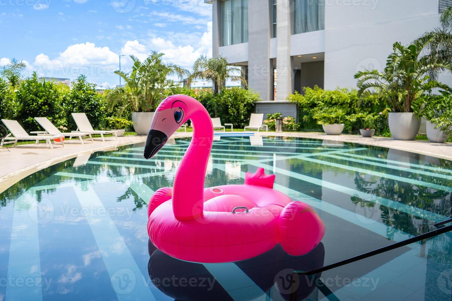 A pink flamingo pool float is floating in a pool. photo