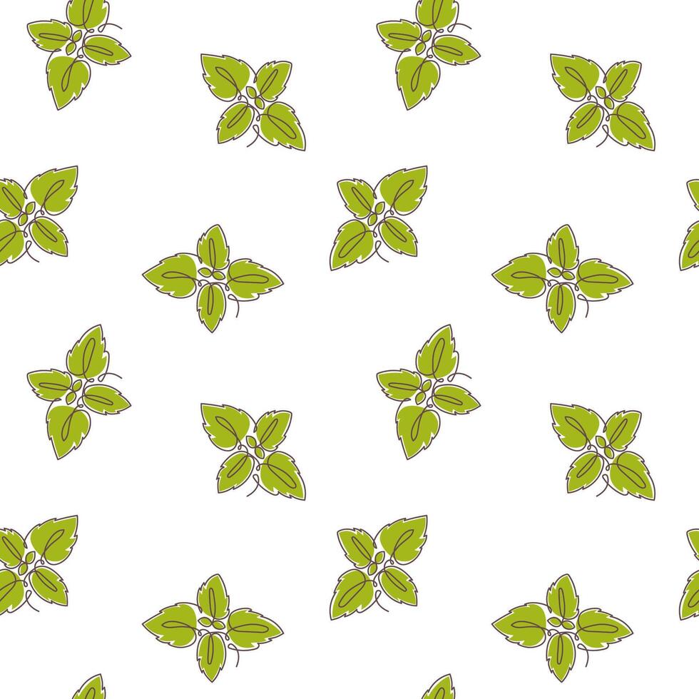 Green basil seamless pattern in one continuous line drawing style. Herbal Italian cuisine ingredient vector