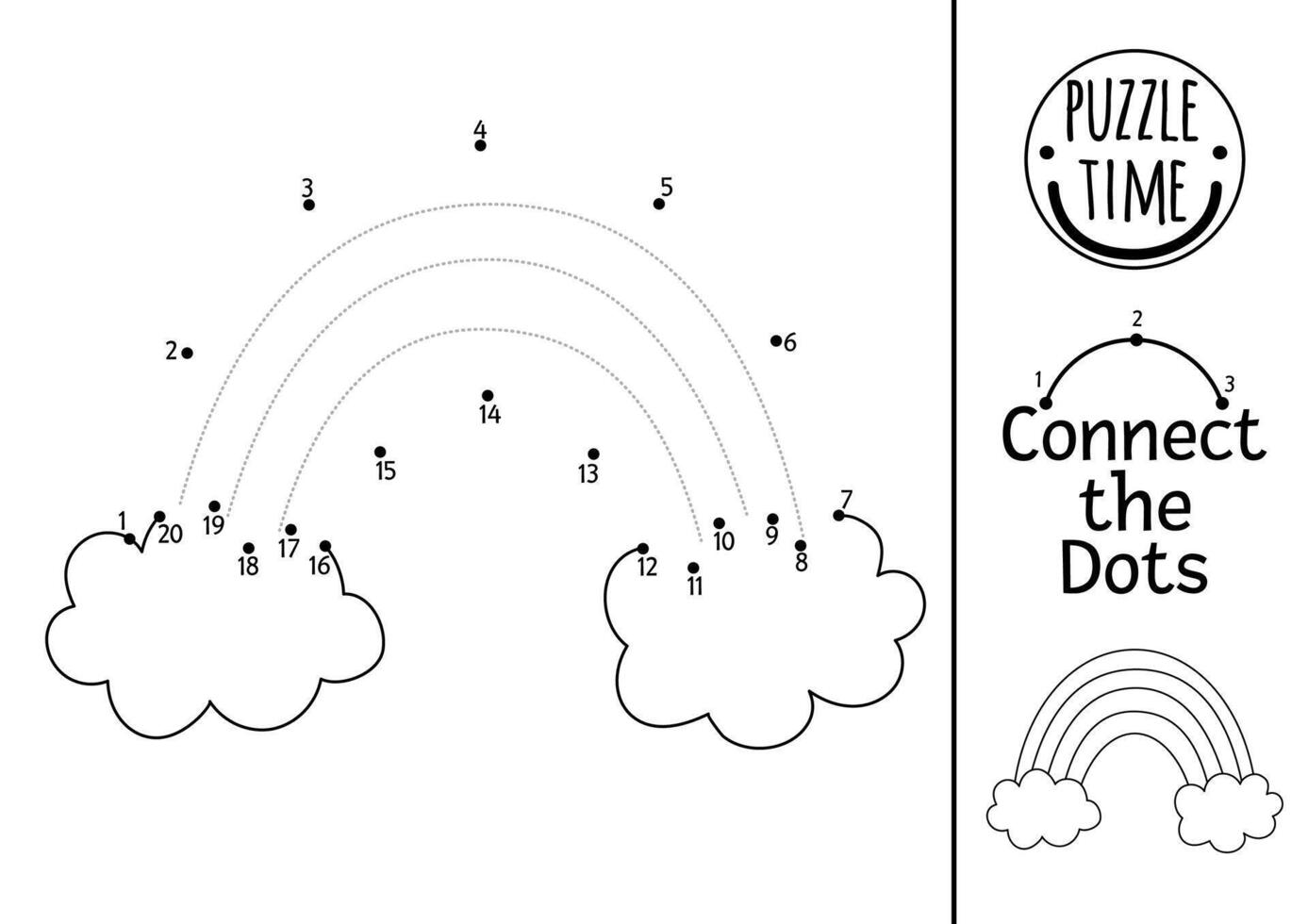 dot-to-dot, color and tracing activity with rainbow and clouds. Fairytale connect the dots game for children with cute fantasy picture. Magic world coloring page for kids. Printable worksheet vector