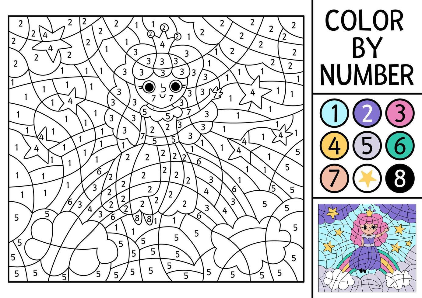 Unicorn themed color by number activity with fairy sitting on the rainbow. Fairytale landscape scene. Black and white counting game with cute little princess. Magic coloring page for kids vector