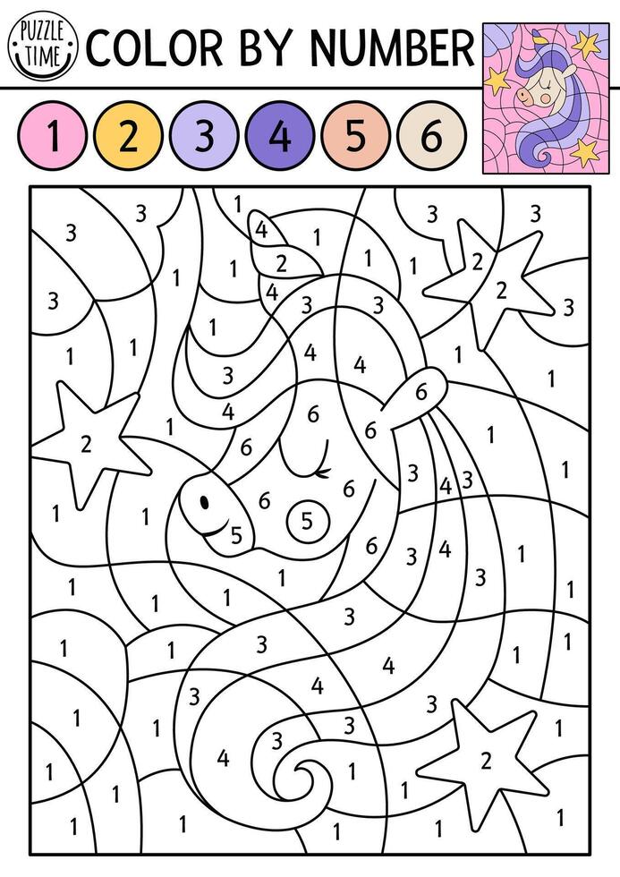 color by number activity with unicorn head. Fairytale landscape scene. Black and white counting game with cute little fantasy animal princess. Magic coloring page for kids vector