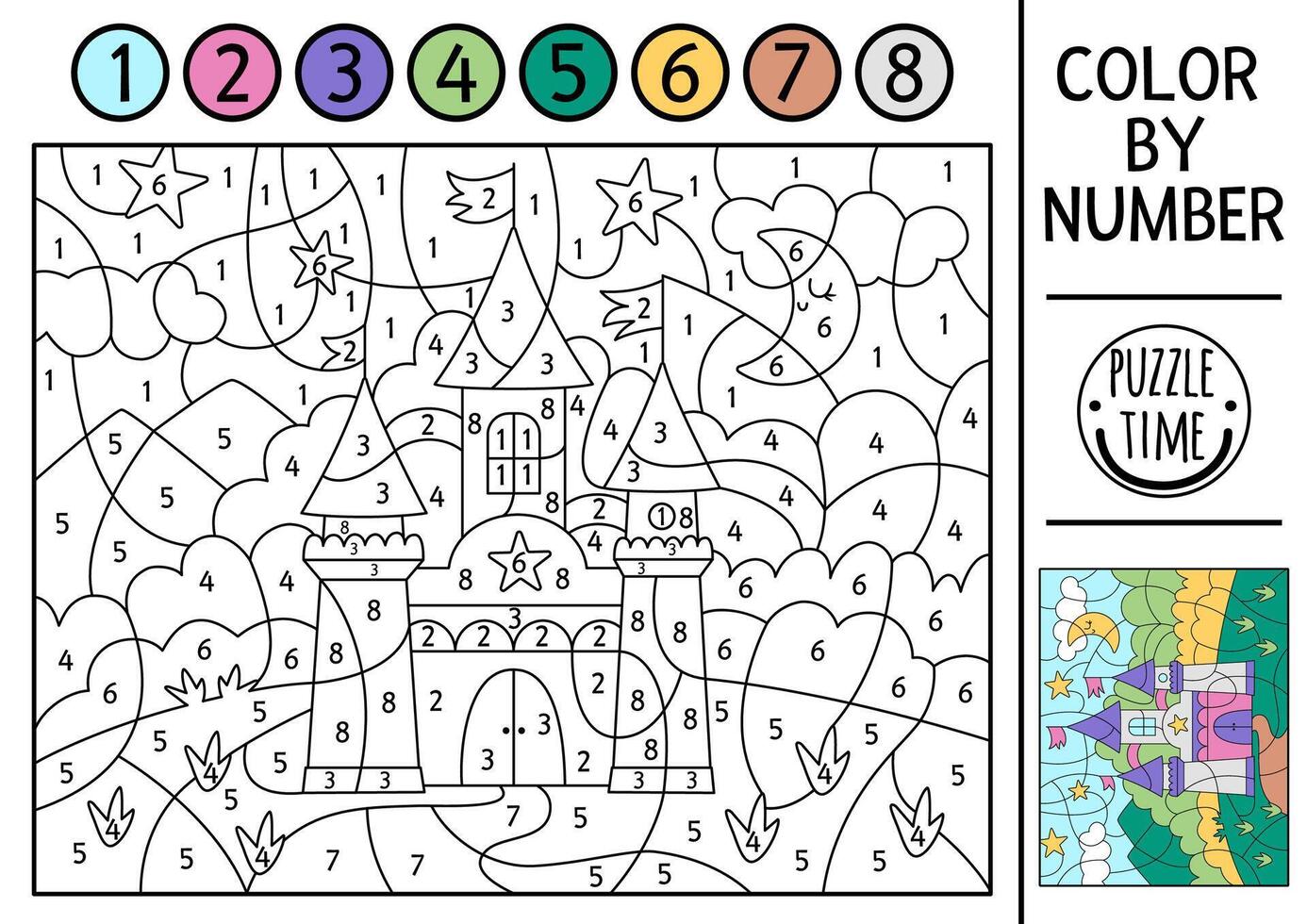 Unicorn themed color by number activity with castle. Fairytale landscape scene. Black and white counting game with cute fantasy palace with flags and towers. Magic coloring page for kids vector
