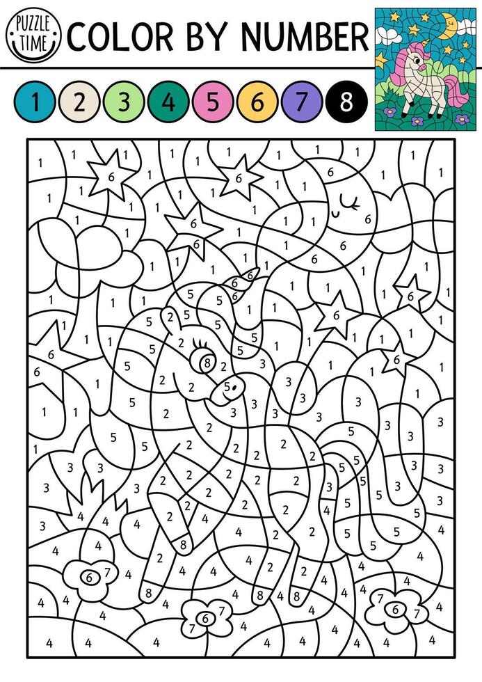 color by number activity with unicorn, stars, half-moon. Fairytale night landscape scene. Black and white counting game with cute little fantasy animal princess. Magic coloring page for kids vector