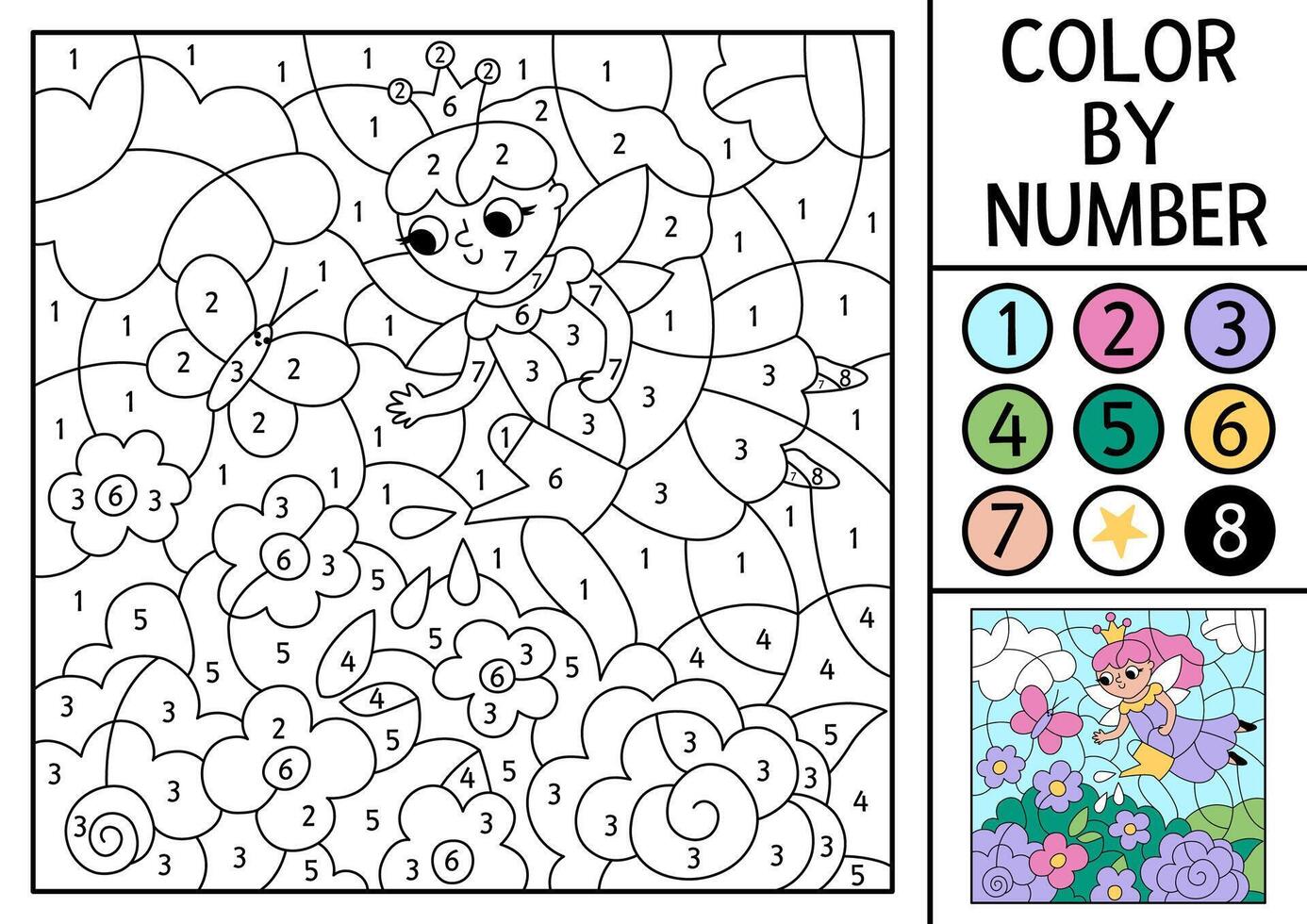 Unicorn themed color by number activity with fairy watering flowers. Fairytale landscape scene. Black and white counting game with cute little princess. Magic coloring page for kids vector