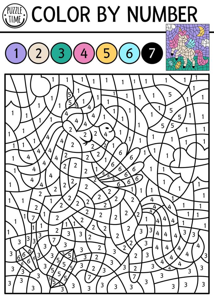 color by number activity with unicorn, crystals, half-moon. Fairytale night landscape scene. Black and white counting game with cute little fantasy animal princess. Magic coloring page for kids vector