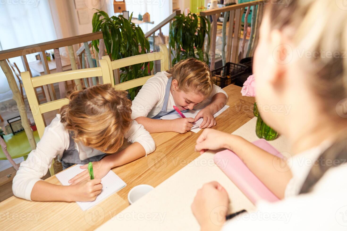 Girl in front of two children sitting in wooden chairs and with apron writing in the notebook photo