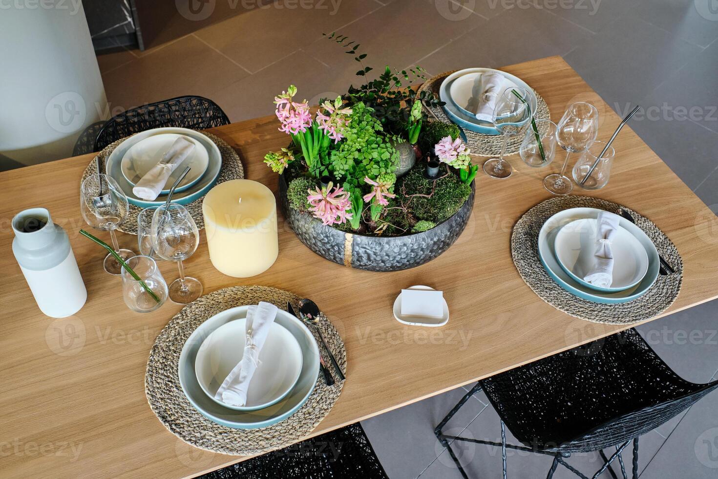 Serving table with pot of plants at home photo
