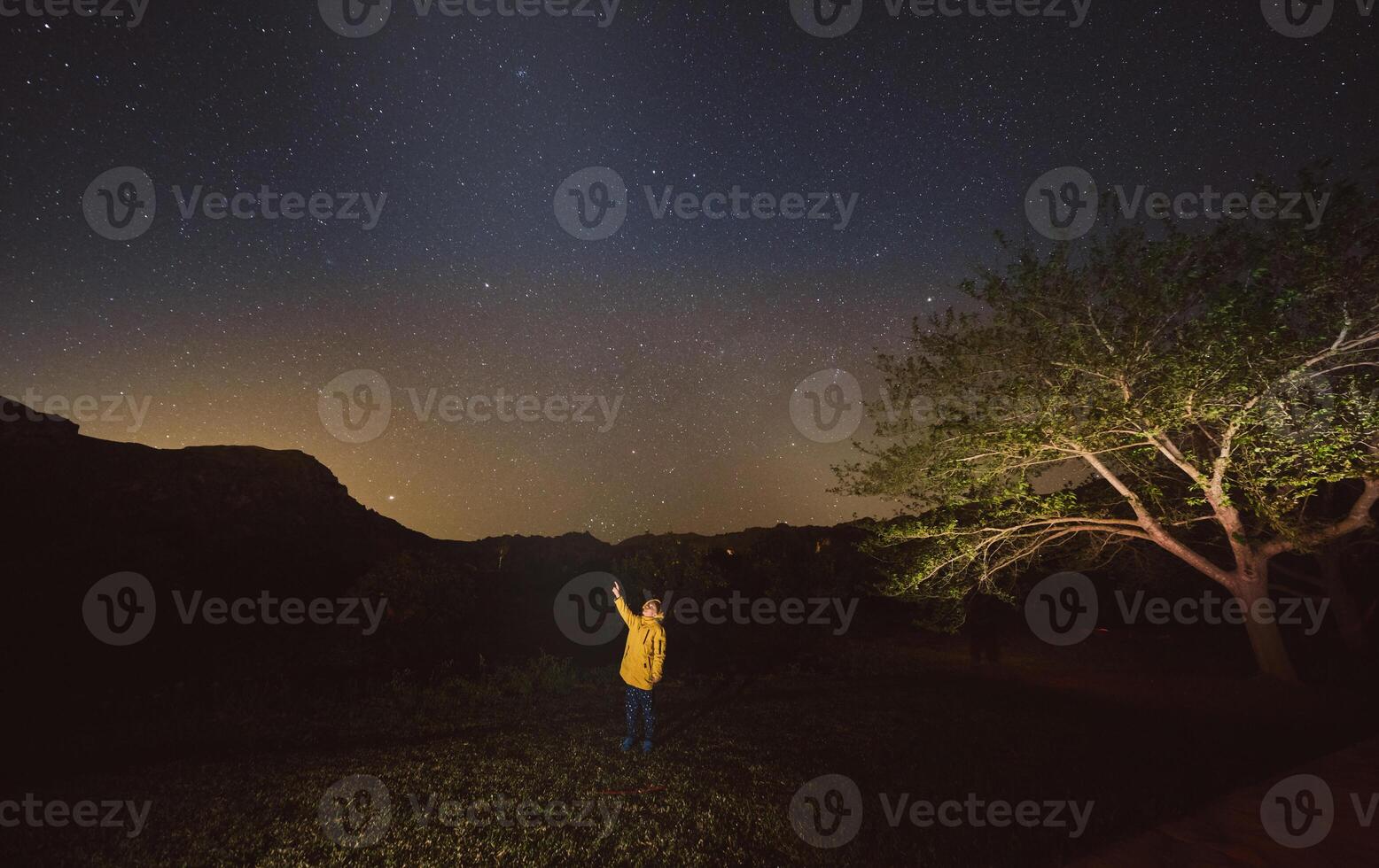 Boy enjoying starry night on grass photo
