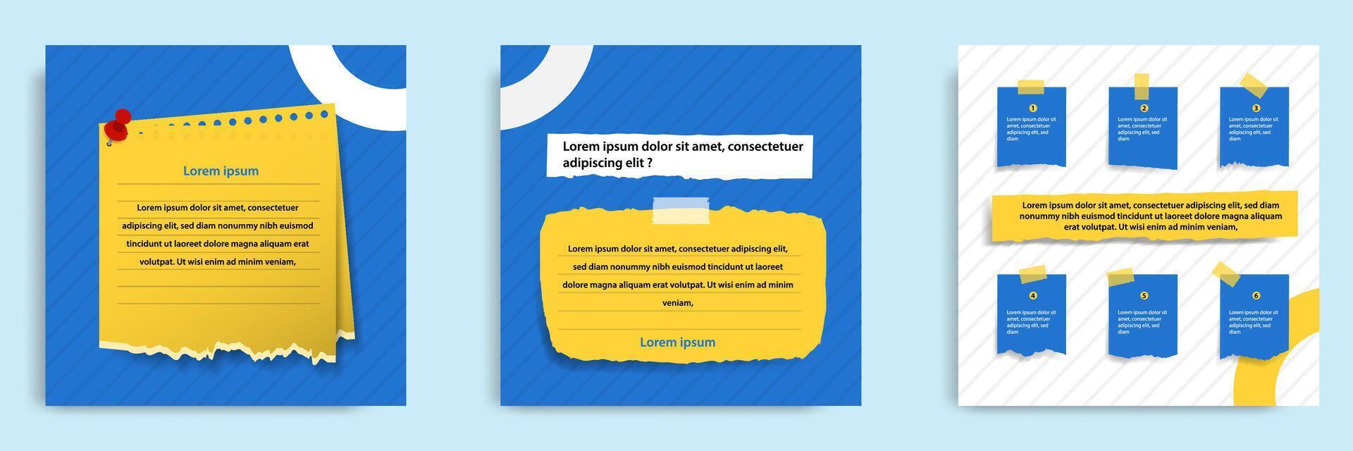 Social media tutorial, tips, trick, did you know post banner layout template with torn sticky paper note clips pin design element and seamless line pattern background in blue color vector
