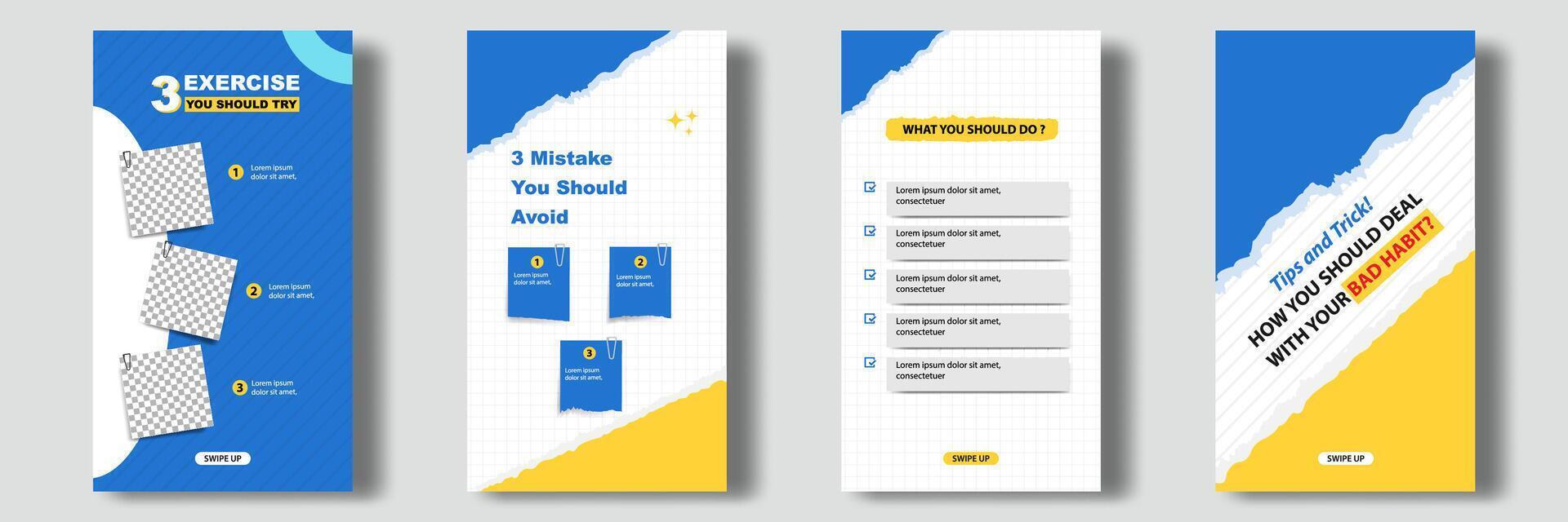 Social media tutorial, tips, trick post feed stories banner layout template with sticky note design element and abstract seamless line pattern background in blue yellow white color vector