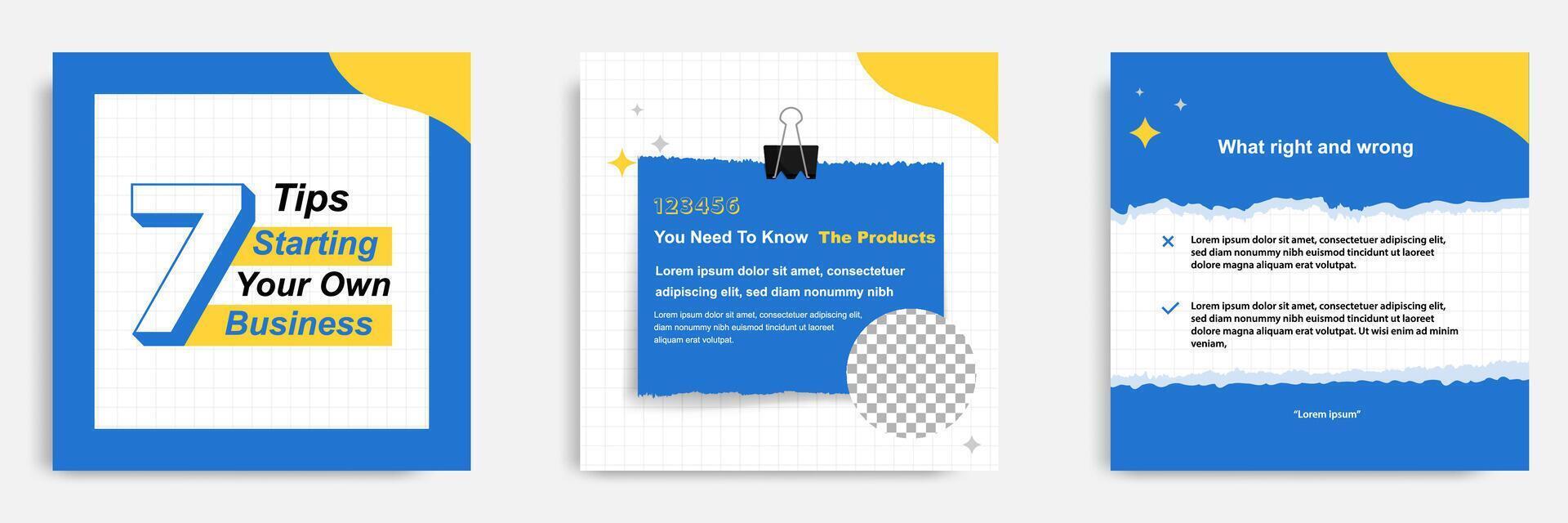 Social media tutorial, tips, trick, did you know post banner layout template in blue color background with torn sticky paper note clips pin design element and seamless line pattern vector