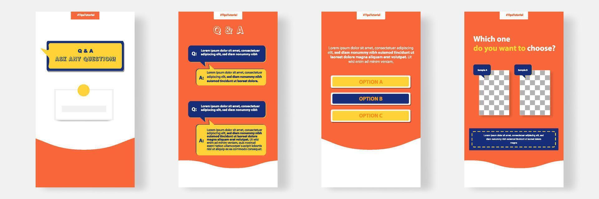 Social media faq, question, answer stories banner layout template with geometric shape background and bubble message design element in orange yellow white color vector