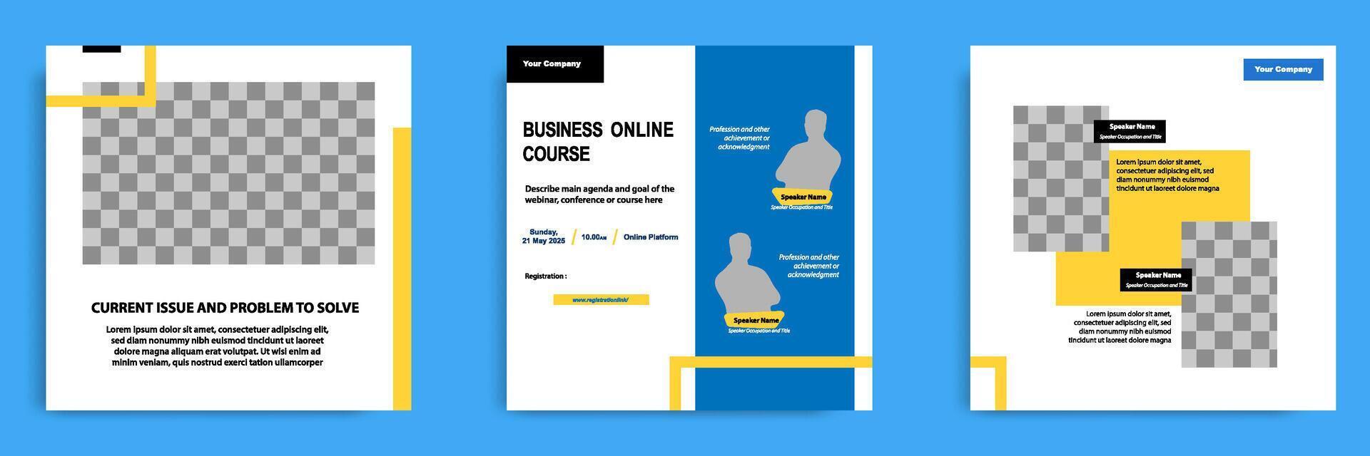 Social media post template bundle for online webinar, conference, training, seminar, course, and learning . Minimal modern and simple style in white blue color vector