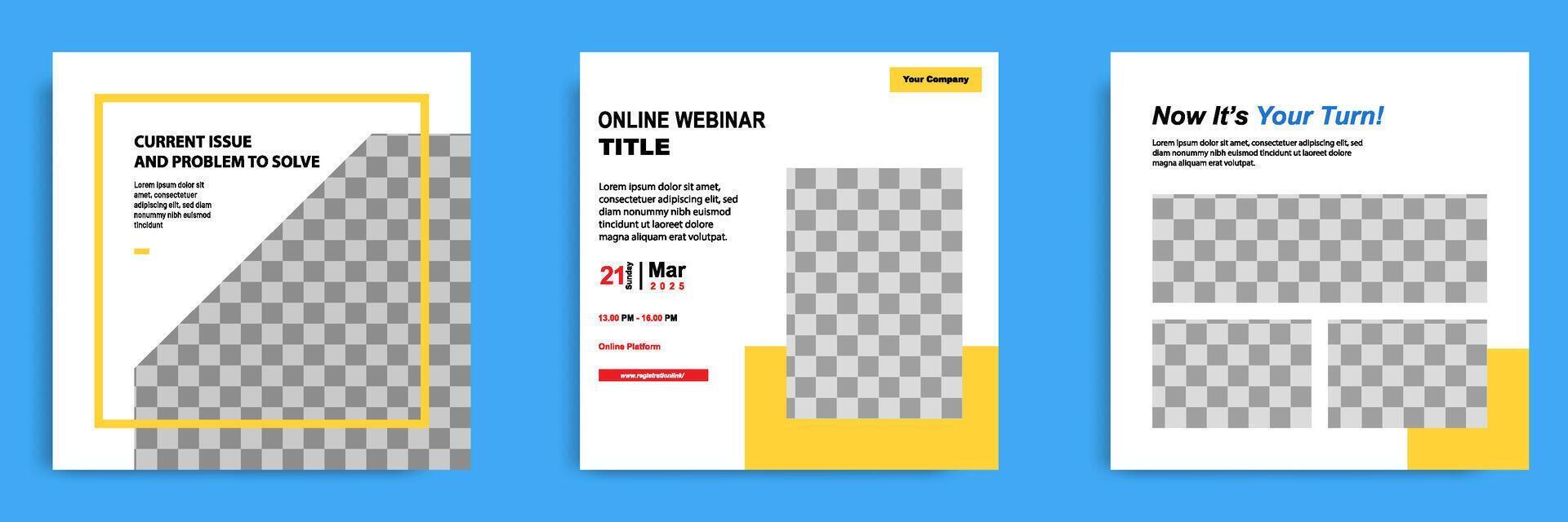 Social media post template for online webinar, conference, training, seminar, course, and learning . Minimal modern and simple style in white yellow color vector