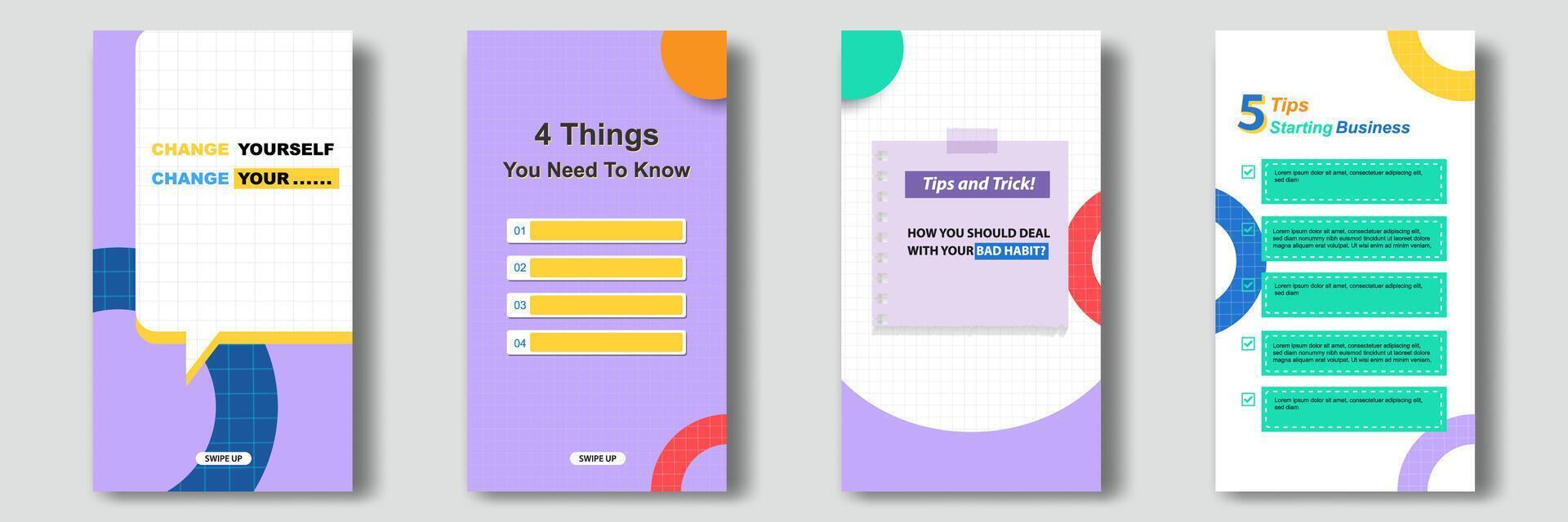 Social media tutorial, tips, trick post stories horizontal banner layout template with geometric background, memphis pattern design element in colorful color vector