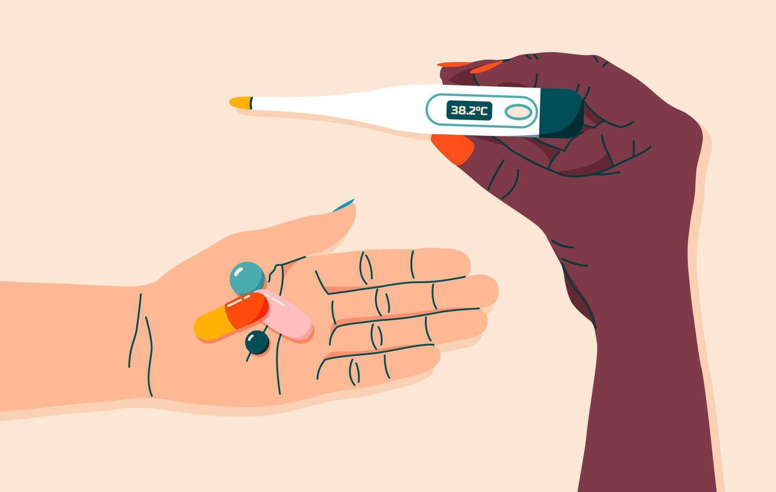 Colorful pills, drugs and thermometer in woman's hand. Female hand holding thermometer. Healthcare and medicine concept. Hand drawn modern flat illustration for web banner, card design. vector