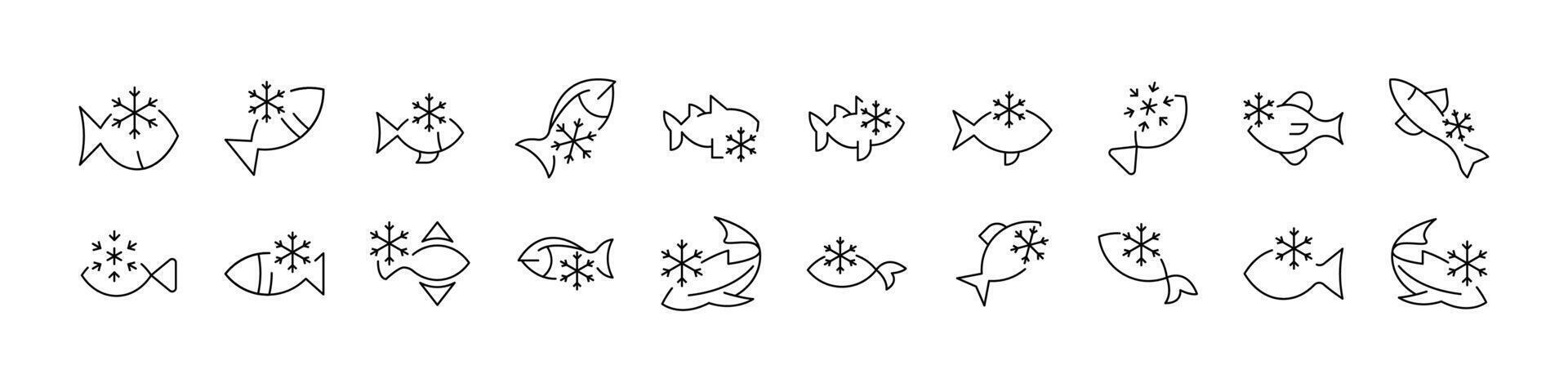 Pack of Frozen Fish Related Line Icons. Outline Signs for Graphic and Web Design, Apps, Adverts, Various Cards vector