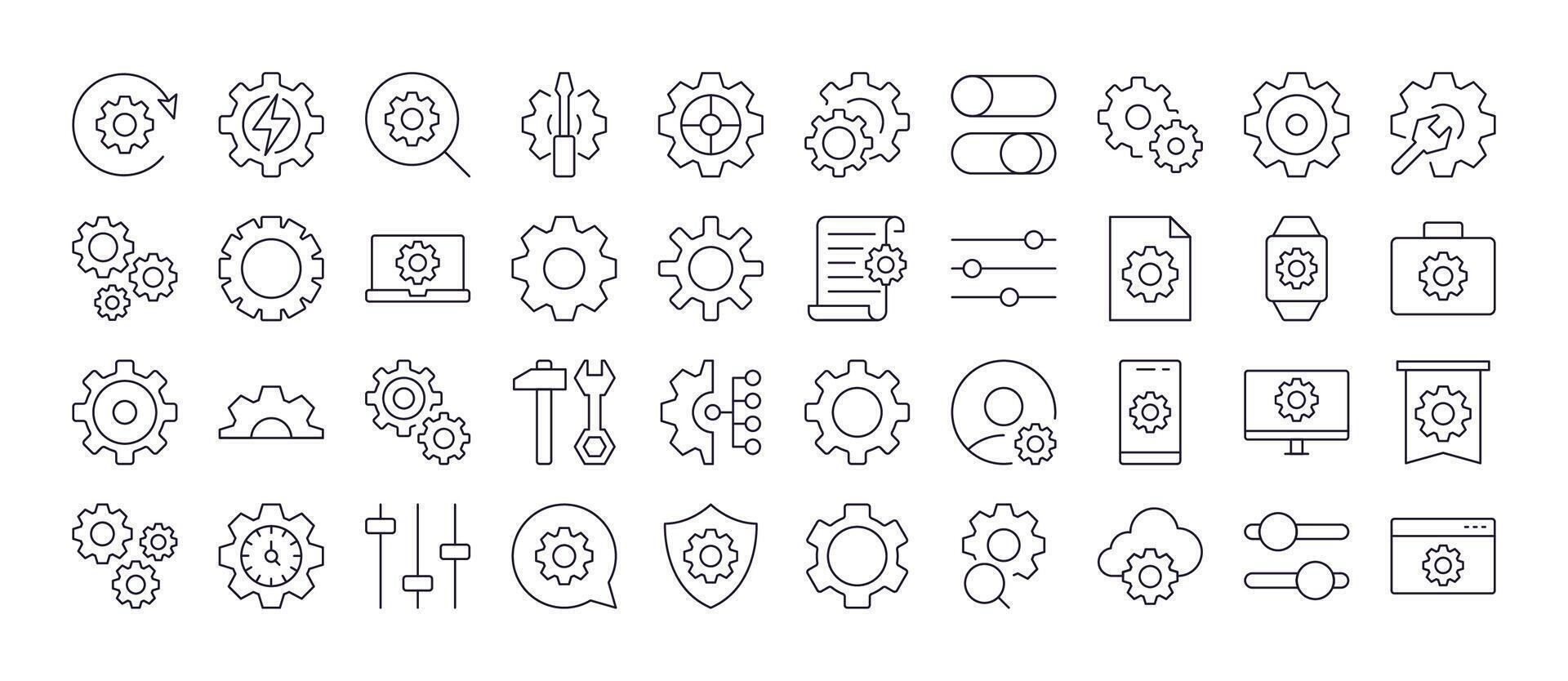 Cogwheel and Gear Collection of Thin Icons. Editable Stroke. Perfect for Web Sites, Books, Cards, Apps vector