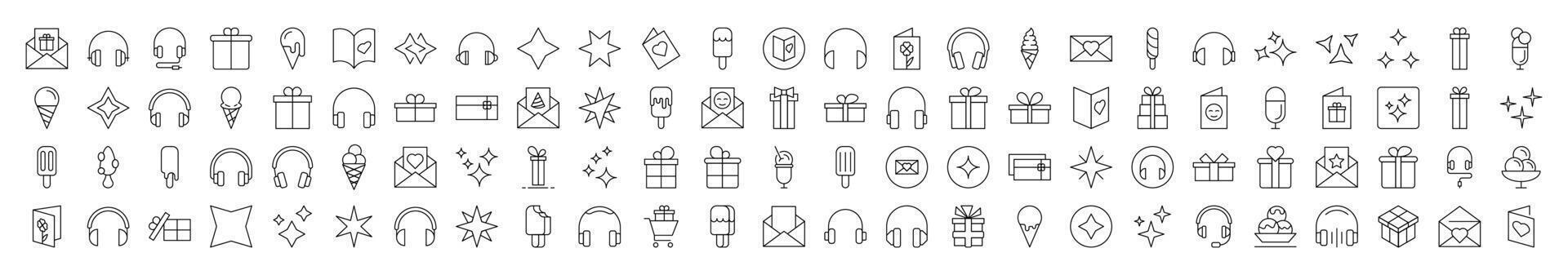 Pack of Line Icons of Party, Holiday, Headphones, Postcard. Editable Stroke. Minimalistic Linear Pictogram for Design of Cards, Apps, Banners, Posts vector