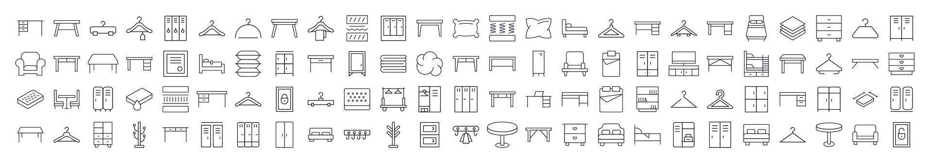 Furniture Icon Set. Contains Icons of Bed, Table, Mattress, Coat Hook that Can Be Used for Design of Cards, Posts, Apps, Web Sites vector