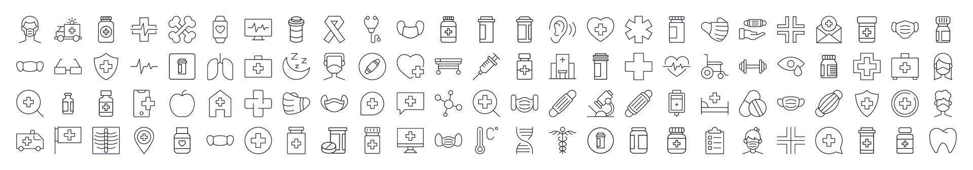 Medicine and Healthcare Outline Style Icons for Design, Cards, Apps, Social Networks vector