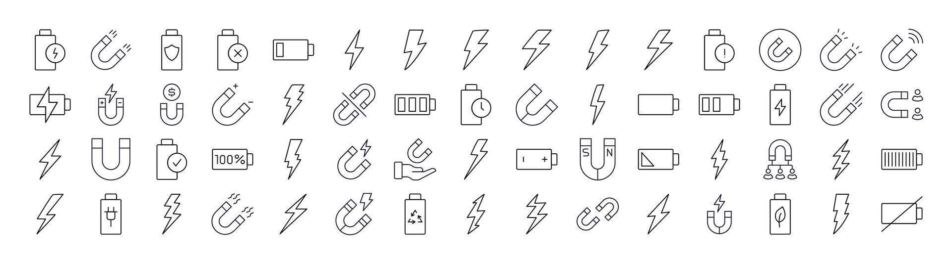 Magnet, Battery, Lightning Line Icon Bundle. Outline Signs for Graphic and Web Design, Apps, Adverts, Various Cards vector