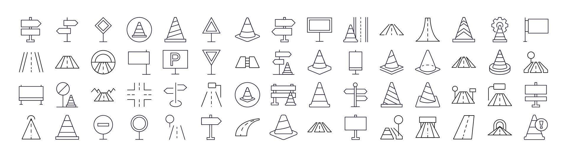 Road, Path, Traffic Cone Line Icon Collection. Outline Signs for Graphic and Web Design, Apps, Adverts, Various Cards vector