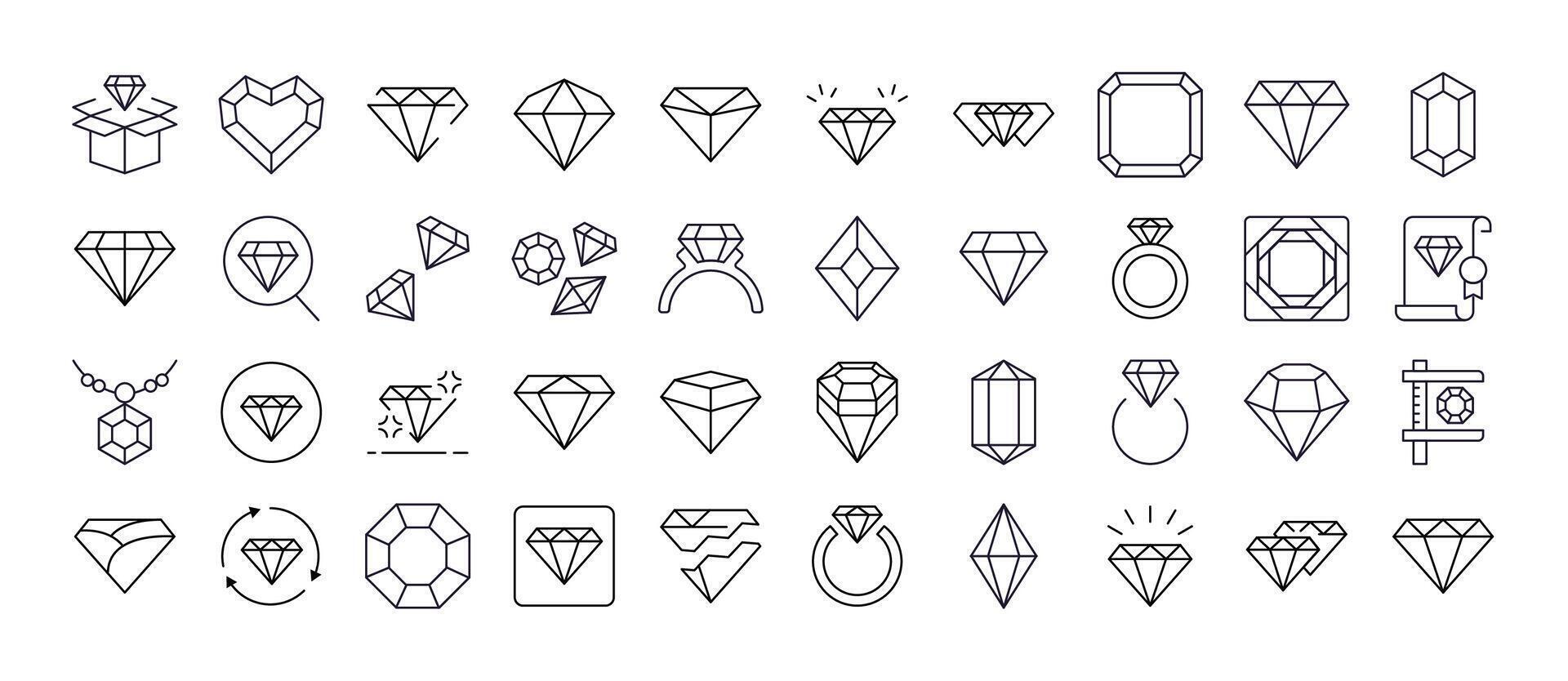 Jewelry Line Icon Pack. Diamond and Gem Outline Signs for Graphic and Web Design, Apps, Adverts, Various Cards vector
