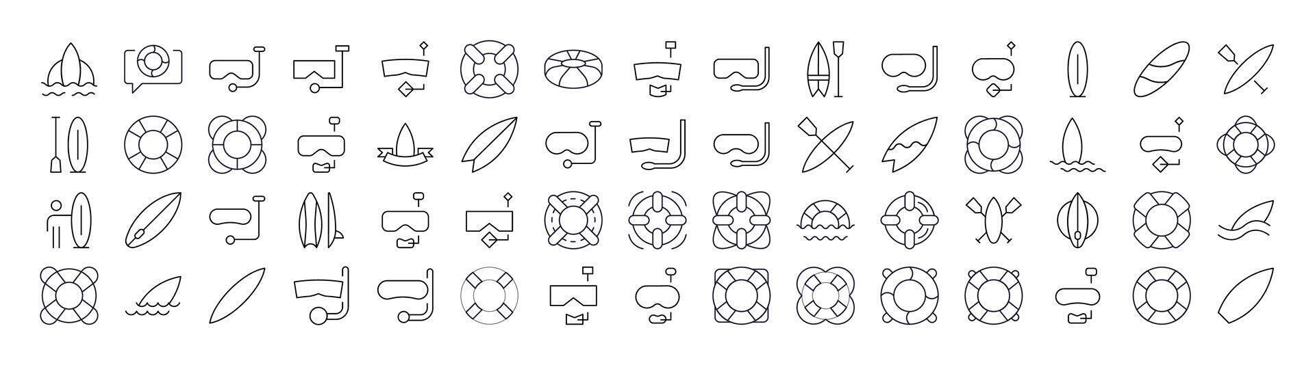 Set of Line Icons of Surfboard, Lifeline, Diving Mask. Minimalistic Linear Pictogram for Web and Graphic Design, Apps, Banners, Social Network and Cards vector