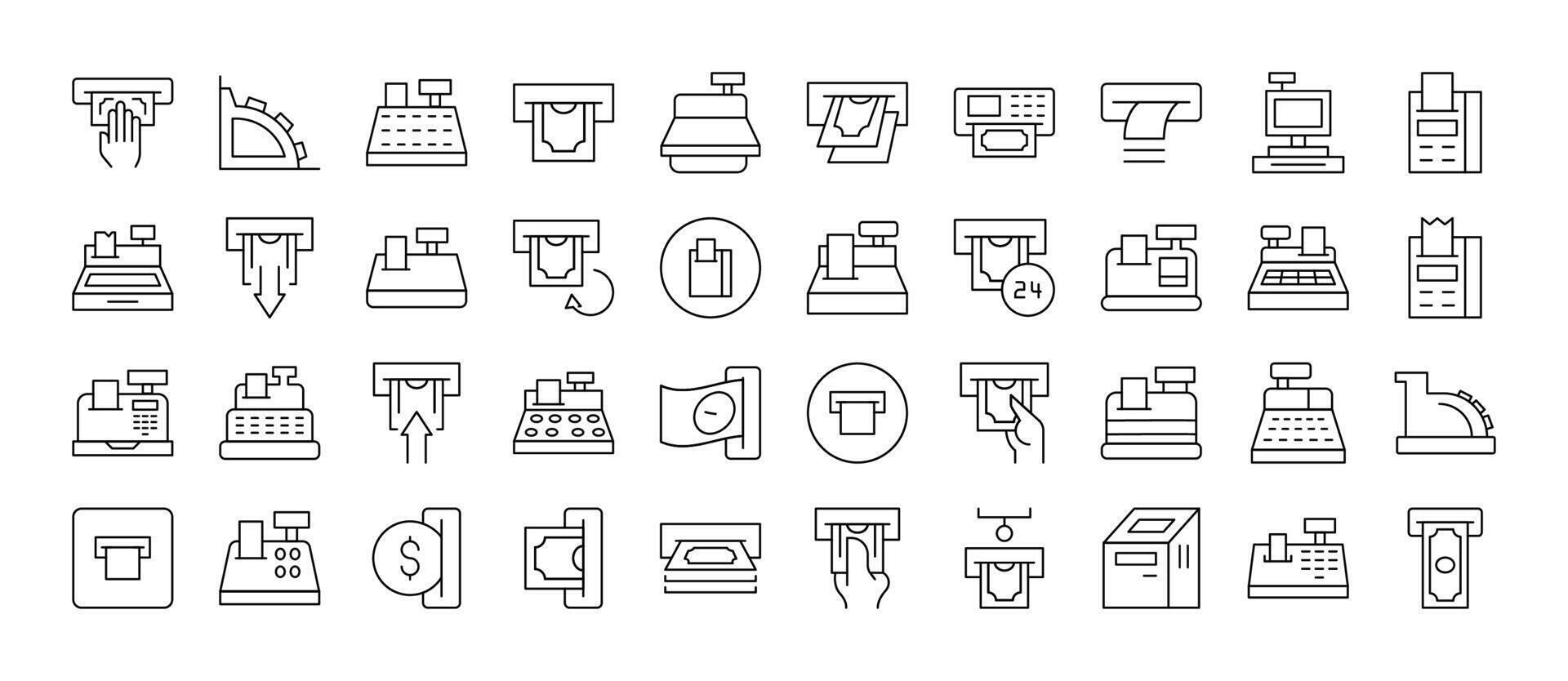 Money Bundle of Related Line Icons. Cash Register and Receipt Outline Signs for Graphic and Web Design, Apps, Adverts, Various Cards vector