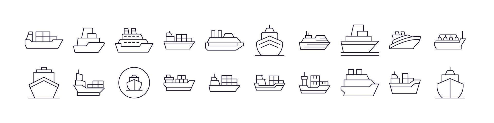 Passenger, Cargo and Cruise ShipeOutline Simple Linear Image Collection. Editable Stroke. Perfect for Web Sites, Books, Cards, Apps vector