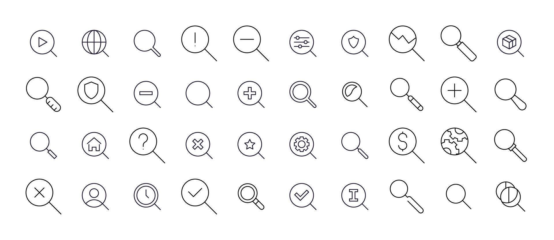 Set of Magnifying Glass Related Line Icons. Outline Signs for Graphic and Web Design, Apps, Adverts, Various Cards vector