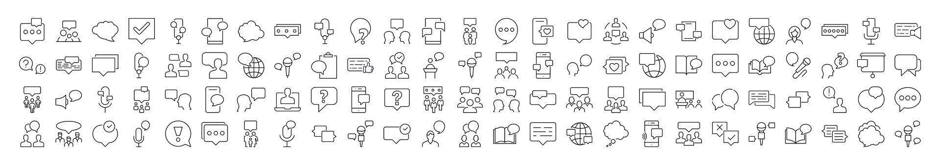 Talking and Dialogue Line Icon Collection. Speech Bubble Outline Signs for Graphic and Web Design, Apps, Adverts, Various Cards vector