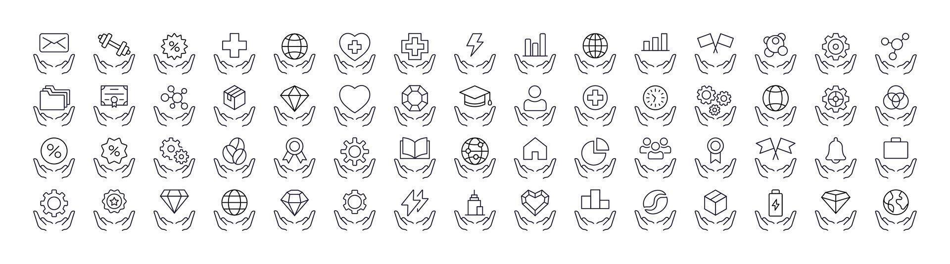 Time, Gem, Health etc over Open Hand Line Icon Collection. Outline Signs for Graphic and Web Design, Apps, Adverts, Various Cards vector