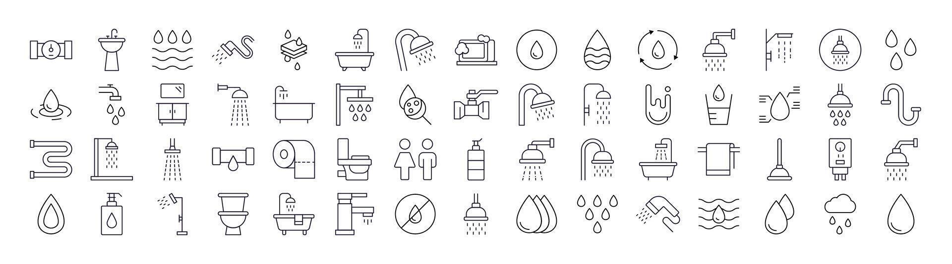 Water, Bathroom and Shower Thin Icons Collection. Editable Stroke. Perfect for Web Sites, Books, Cards, Apps vector