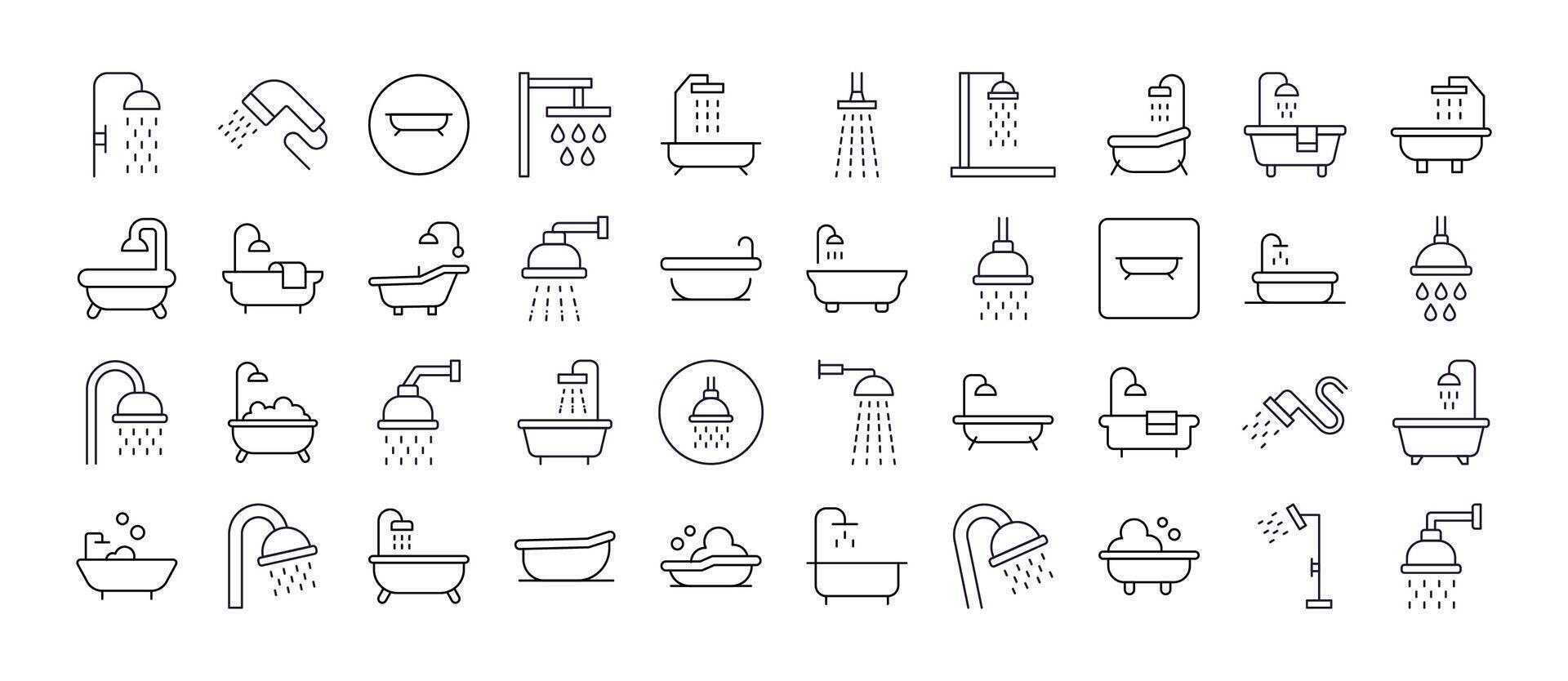 Pack of Shower and Bathtub Related Line Icons. Outline Signs for Graphic and Web Design, Apps, Adverts, Various Cards vector