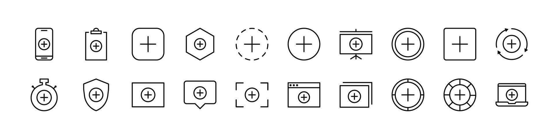 Plus or Add Icon Set for UI, Placards, Books, Apps. Editable Stroke. Perfect for Web Sites, Books, Cards, Apps vector
