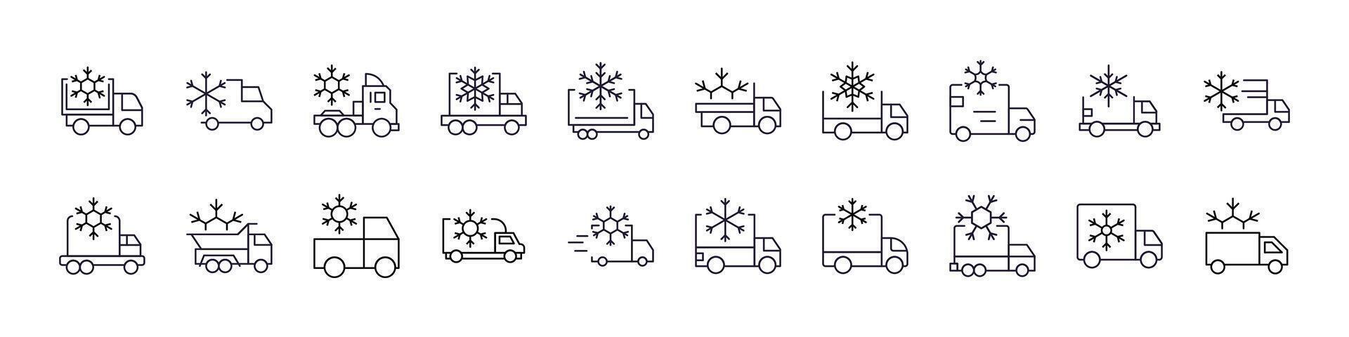 Delivery Truck with Snow Bundle of Related Line Icons. Outline Signs for Graphic and Web Design, Apps, Adverts, Various Cards vector