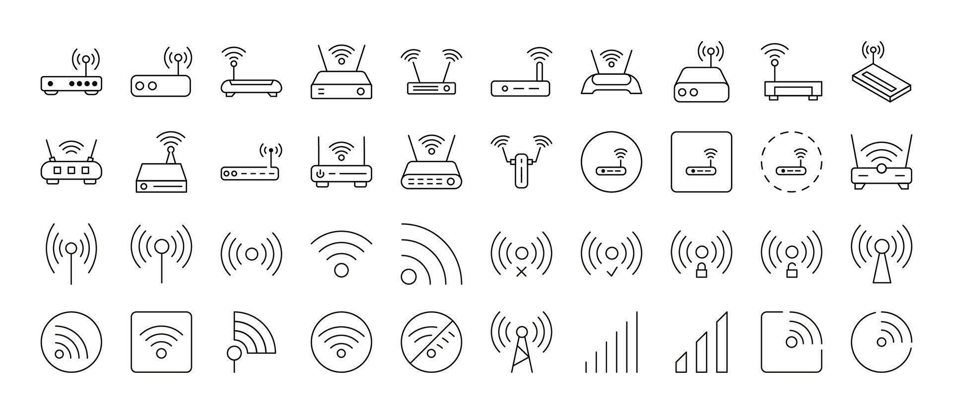 Collection of WiFi and Router Related Line Icons. Outline Signs for Graphic and Web Design, Apps, Adverts, Various Cards vector