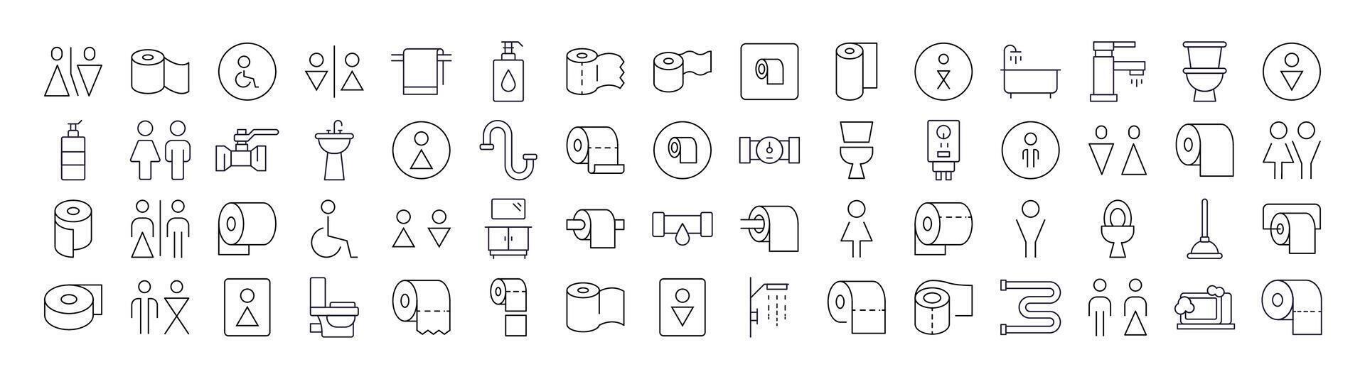 Set of Bathroom and Toilet Related Line Icons. Outline Signs for Graphic and Web Design, Apps, Adverts, Various Cards vector