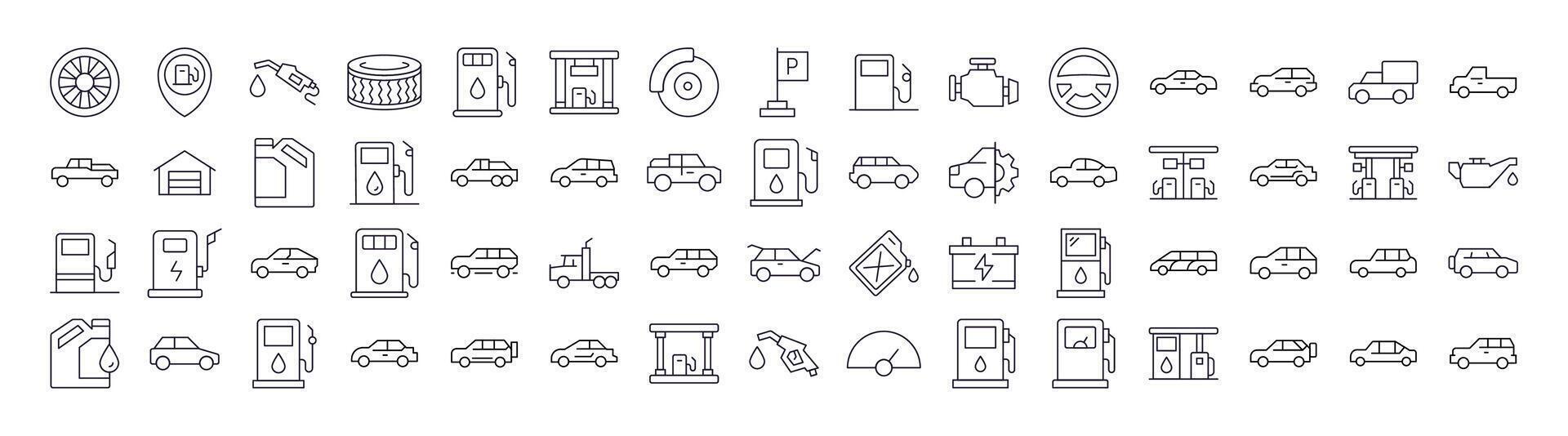 Car, Gas Station, Road Bundle of Related Line Icons. Outline Signs for Graphic and Web Design, Apps, Adverts, Various Cards vector