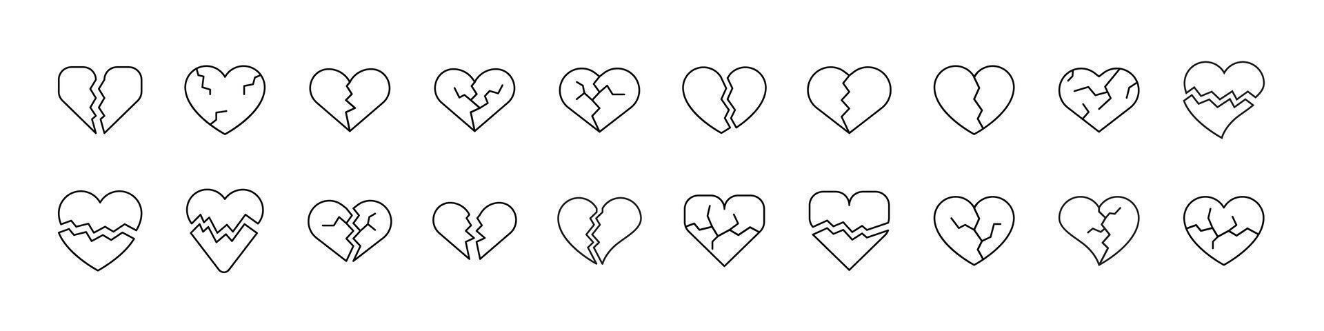 Set of Broken Heart Related Line Icons. Outline Signs for Graphic and Web Design, Apps, Adverts, Various Cards vector